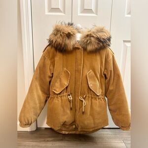 Corduroy Duck Down Jacket with Real Fur Trim Hood – Winter Coat